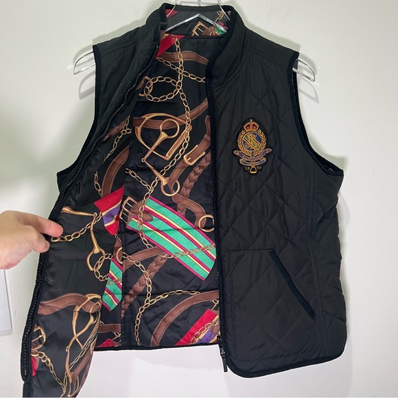 Ralph Lauren Crest-Patch Diamond-Quilted Vest Black Reversible Equestrian Sz L - Picture 10 of 10
